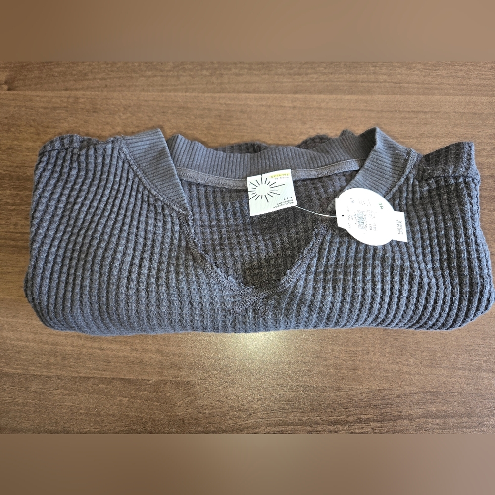 Offline By Aerie Wow! Waffle Notch Neck Long Sleeve Tee - L - Smoked Gray - NWT